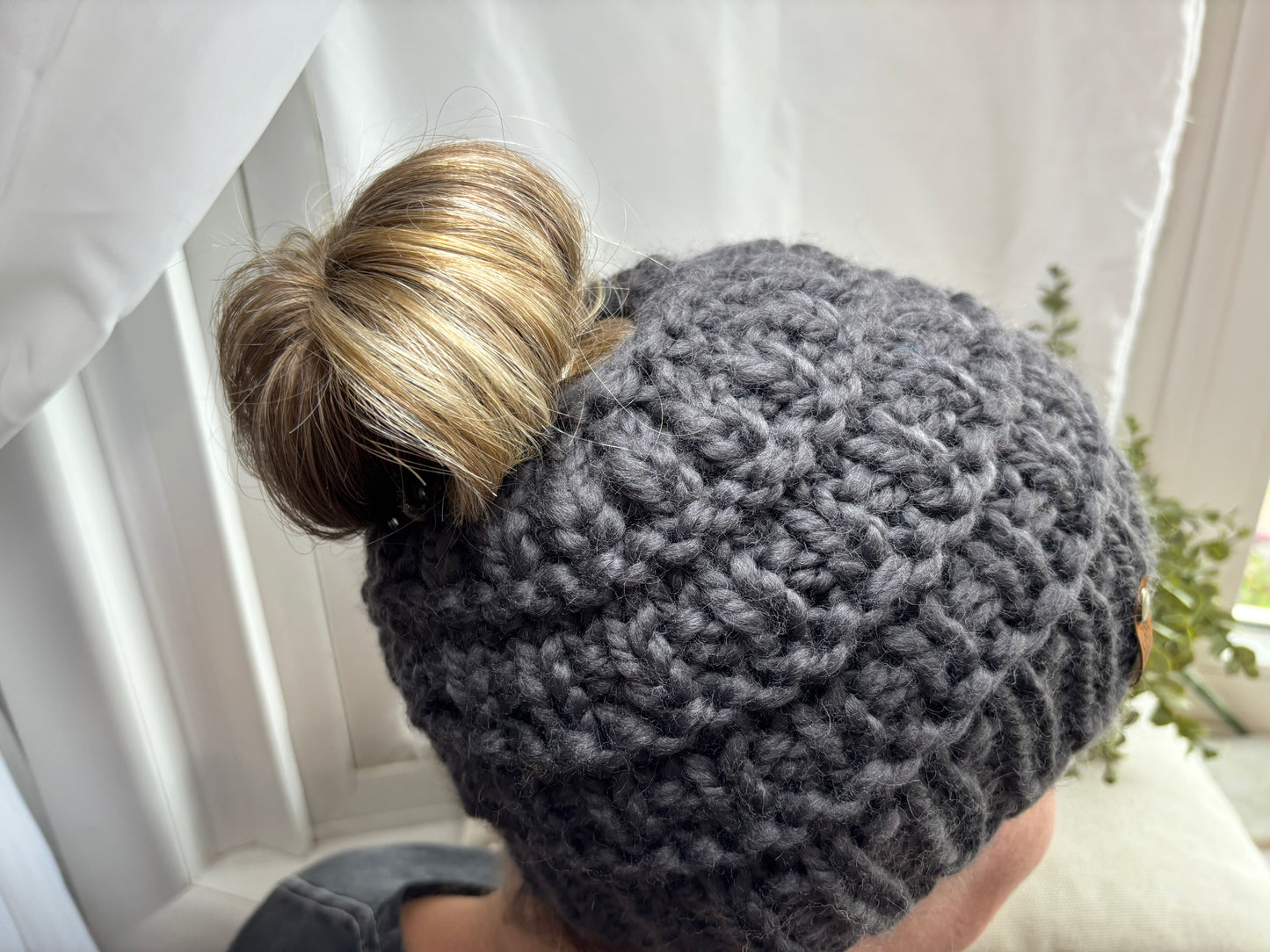 Messy Bun Hat in Charcoal Grey