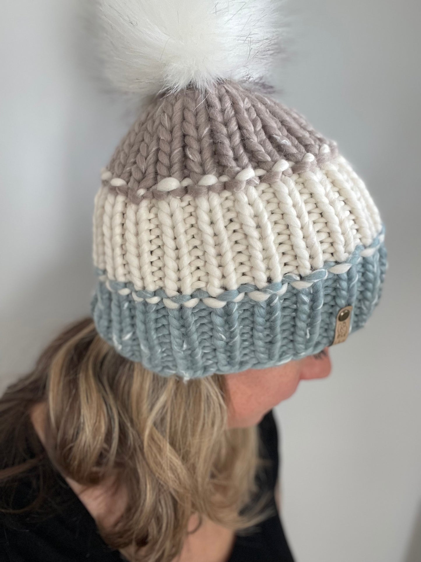 Eco Beanie in Tan, White, Light Blue