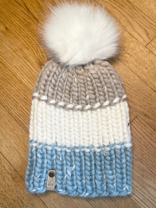 Eco Beanie in Tan, White, Light Blue